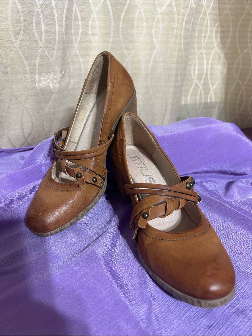 MJUS Women's Italian Brown Leather Mary Jane Heels with Decorative Straps